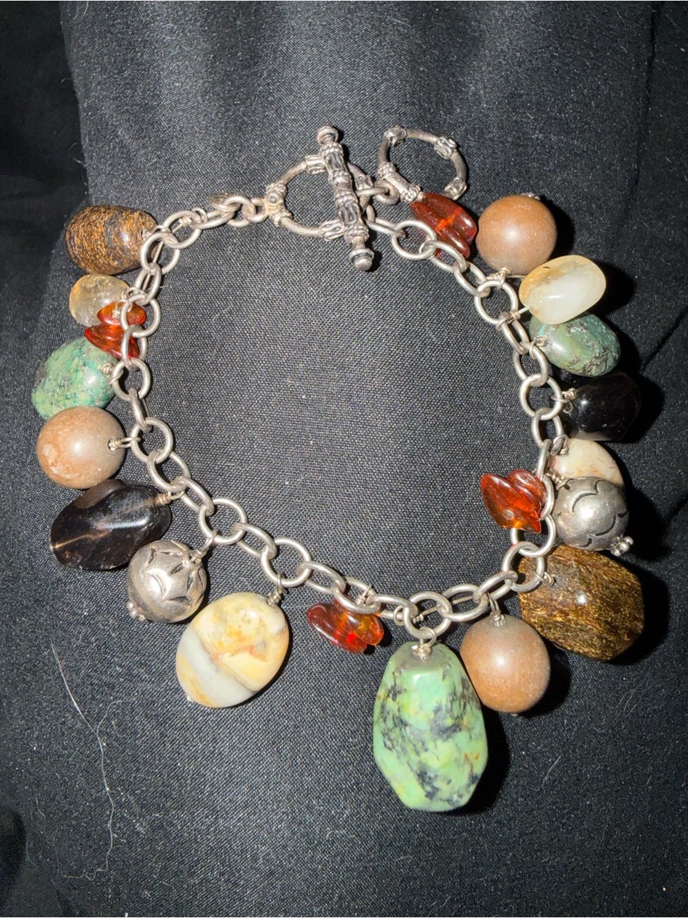 Multi-Stone Charm silver Bracelet with Green Turquoise and Amber Accents